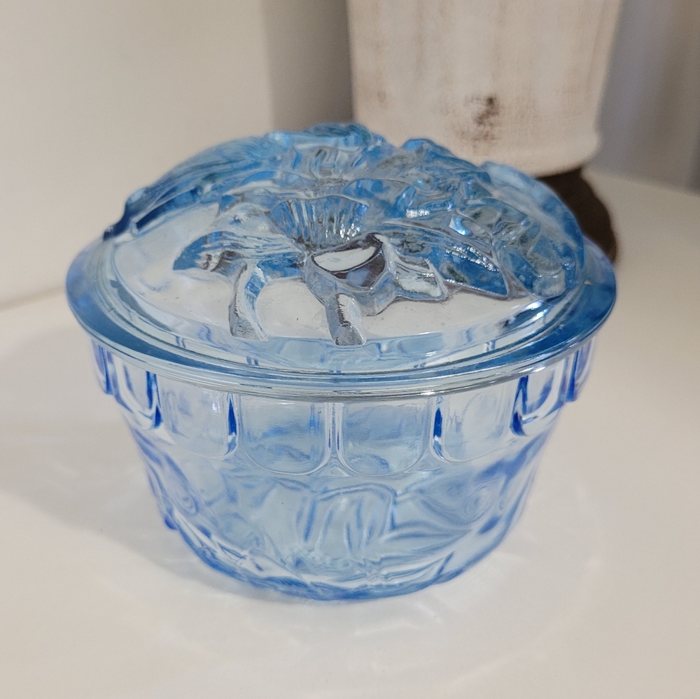 Vintage KIG Blue Glass Lidded Candy Jar